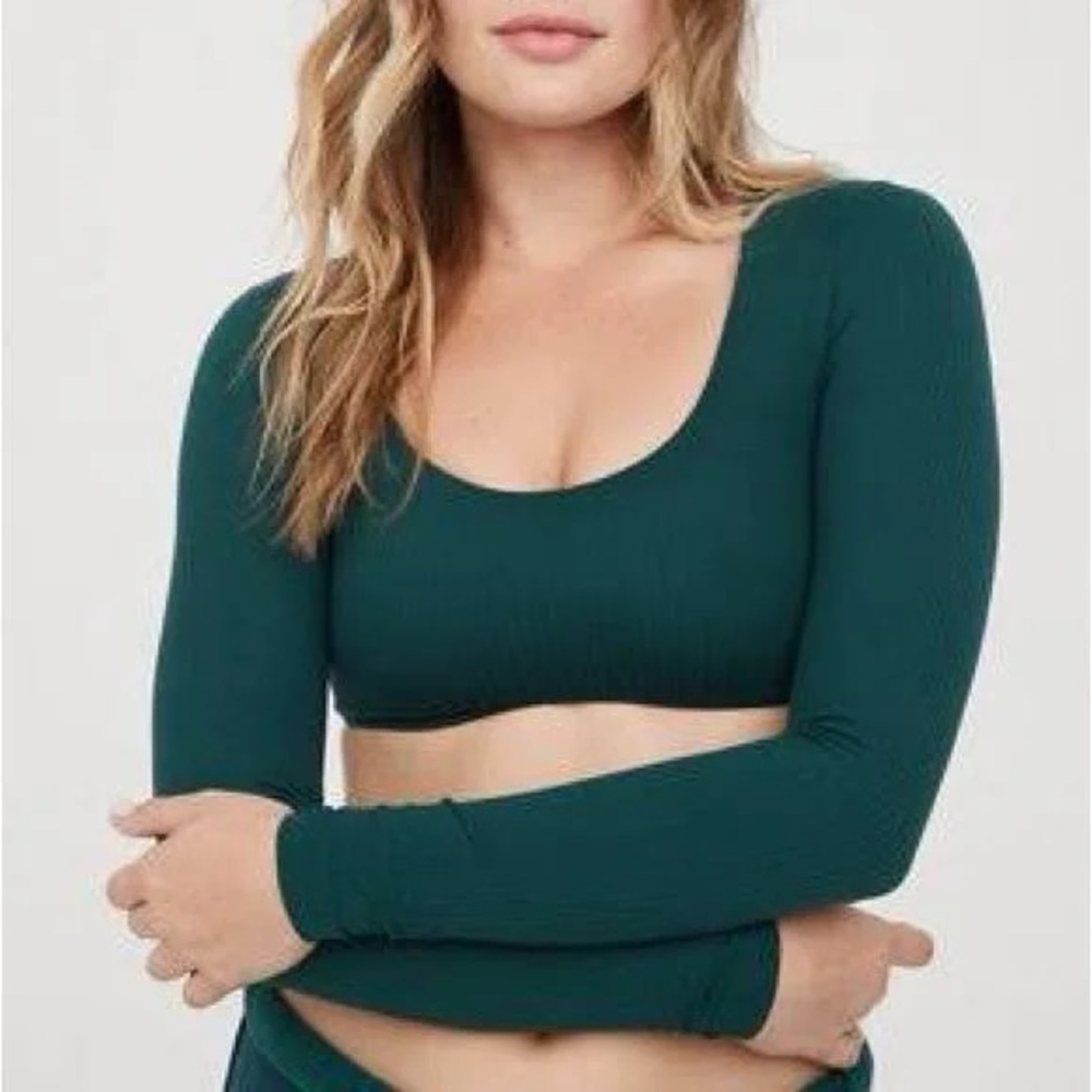 OFFLINE by Aerie Real Me Super Cropped Long Sleeve Bra Top – Teal 💙✨